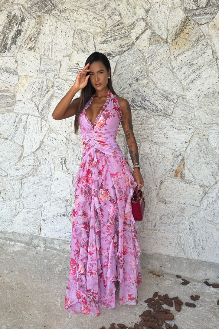 Corail | Robe Maxi à Fleurs Sans Manches avec Volants pour Invitées de Mariage