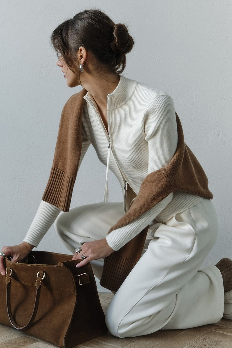 Corinne | Cardigan à col montant zippé en tricot côtelé pour femmes