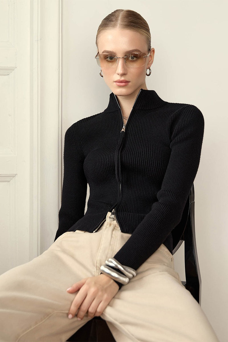 Corinne | Cardigan à col montant zippé en tricot côtelé pour femmes