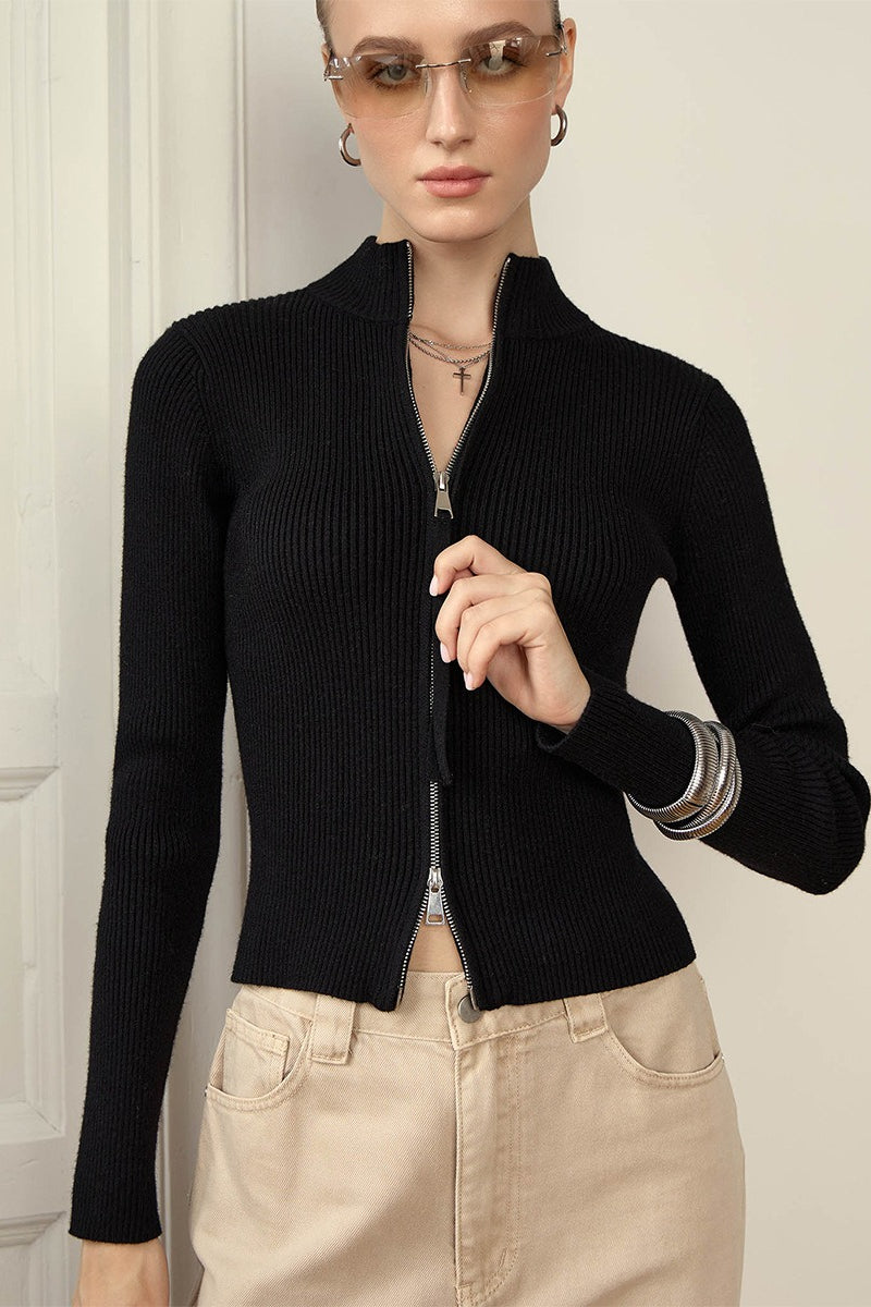 Corinne | Cardigan à col montant zippé en tricot côtelé pour femmes