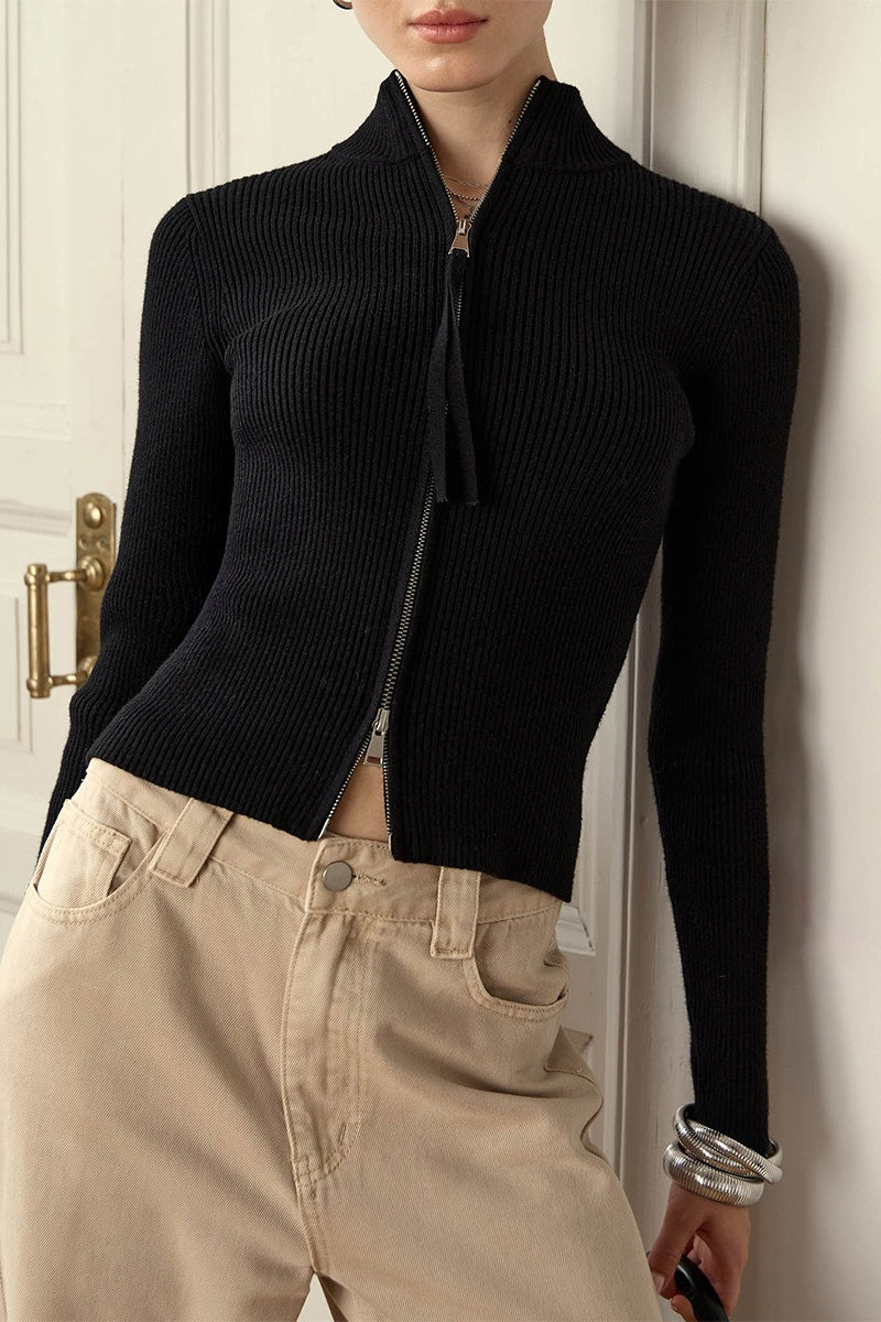 Corinne | Cardigan à col montant zippé en tricot côtelé pour femmes
