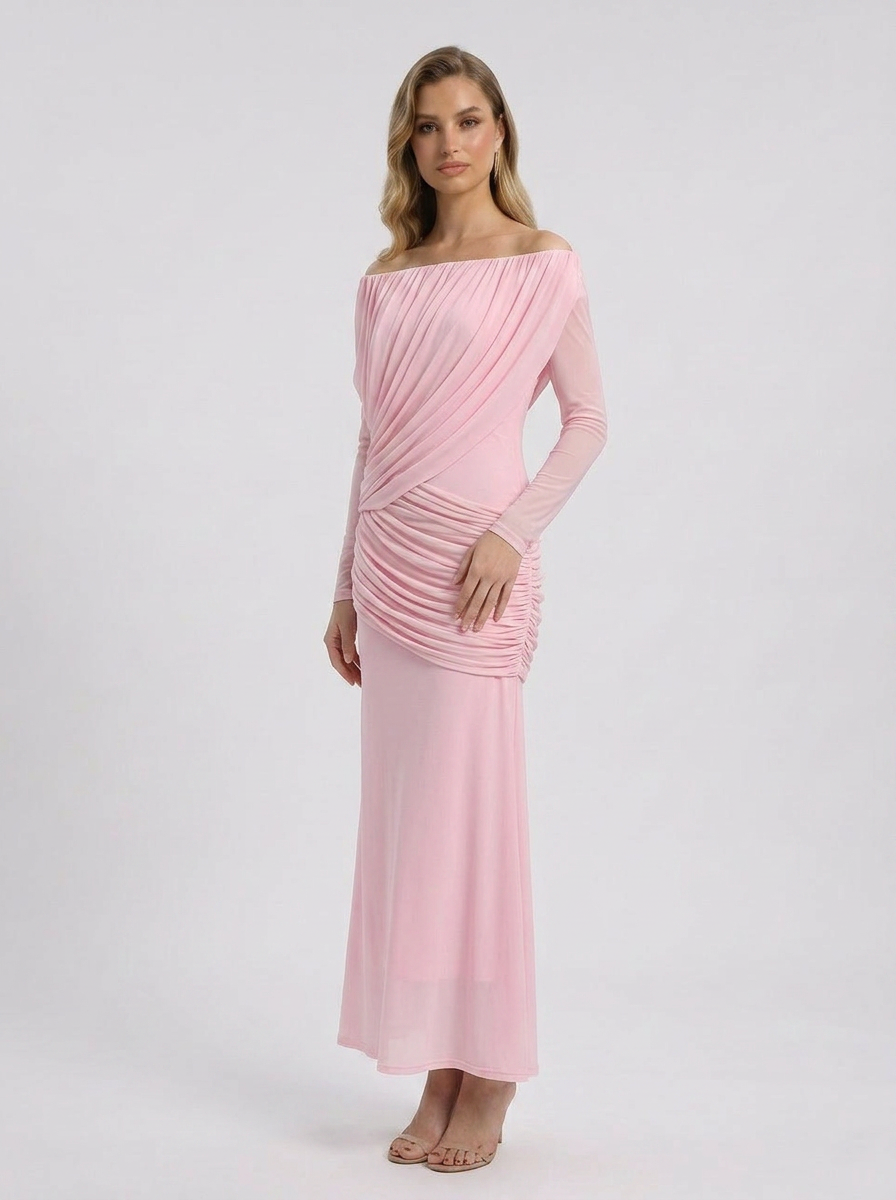 Crystal | Robe Maxi de Mariage à Manches Longues pour Femme, Décolleté Bardot