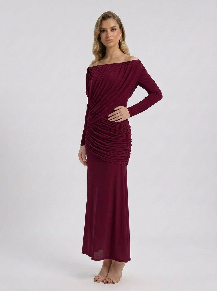 Crystal | Robe Maxi de Mariage à Manches Longues pour Femme, Décolleté Bardot