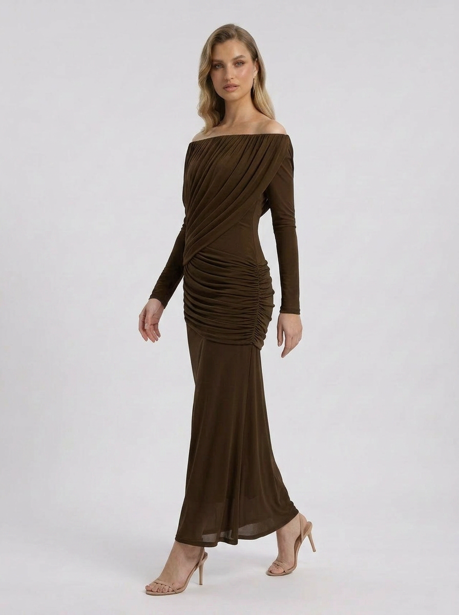 Crystal | Robe Maxi de Mariage à Manches Longues pour Femme, Décolleté Bardot