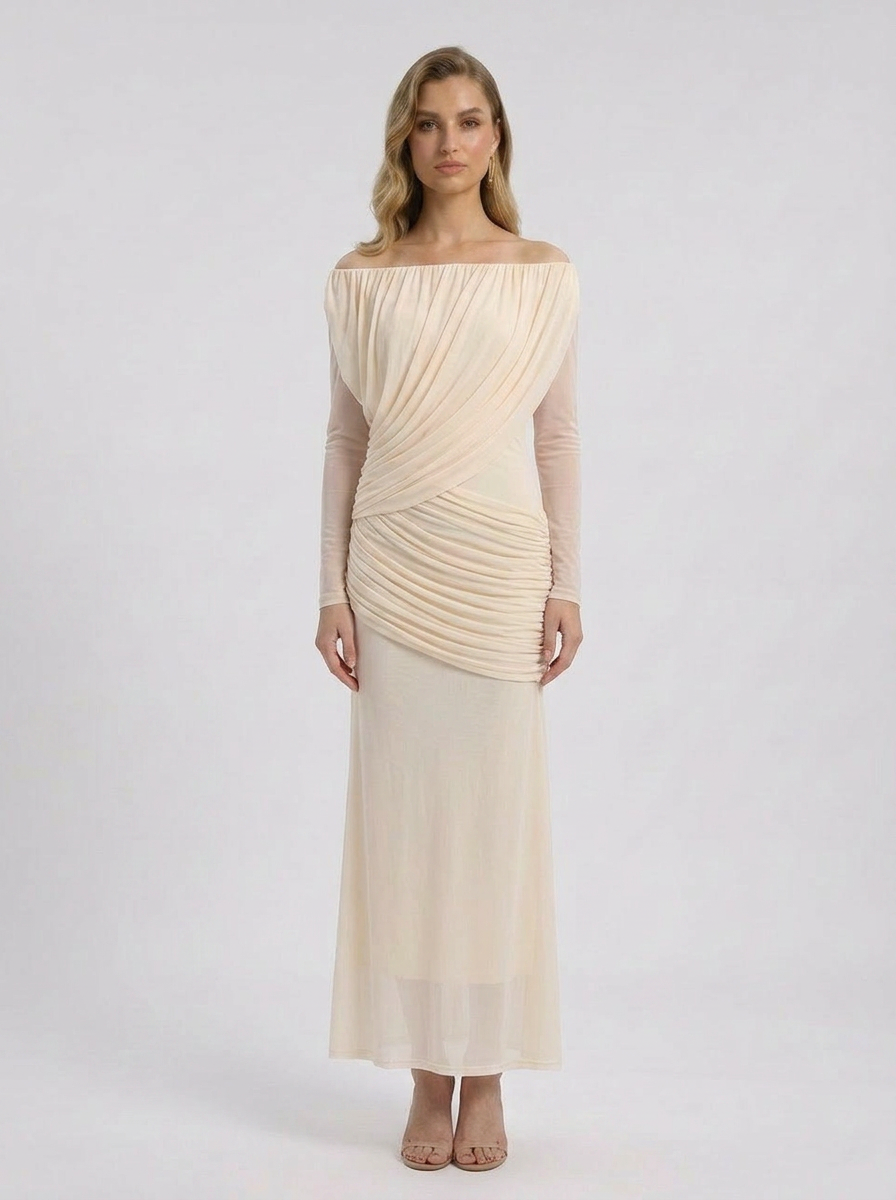 Crystal | Robe Maxi de Mariage à Manches Longues pour Femme, Décolleté Bardot