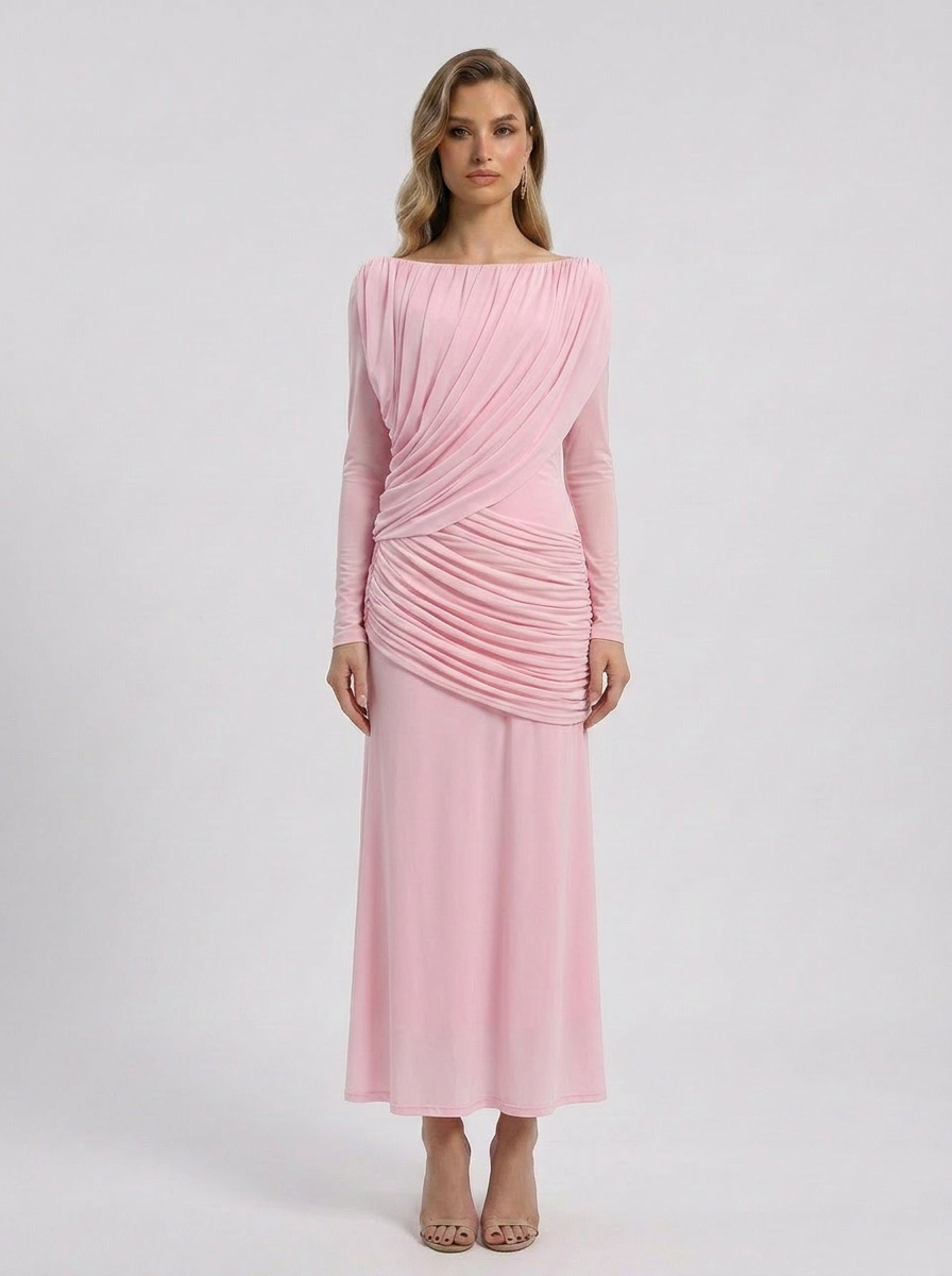 Crystal | Robe Maxi de Mariage à Manches Longues pour Femme, Décolleté Bardot
