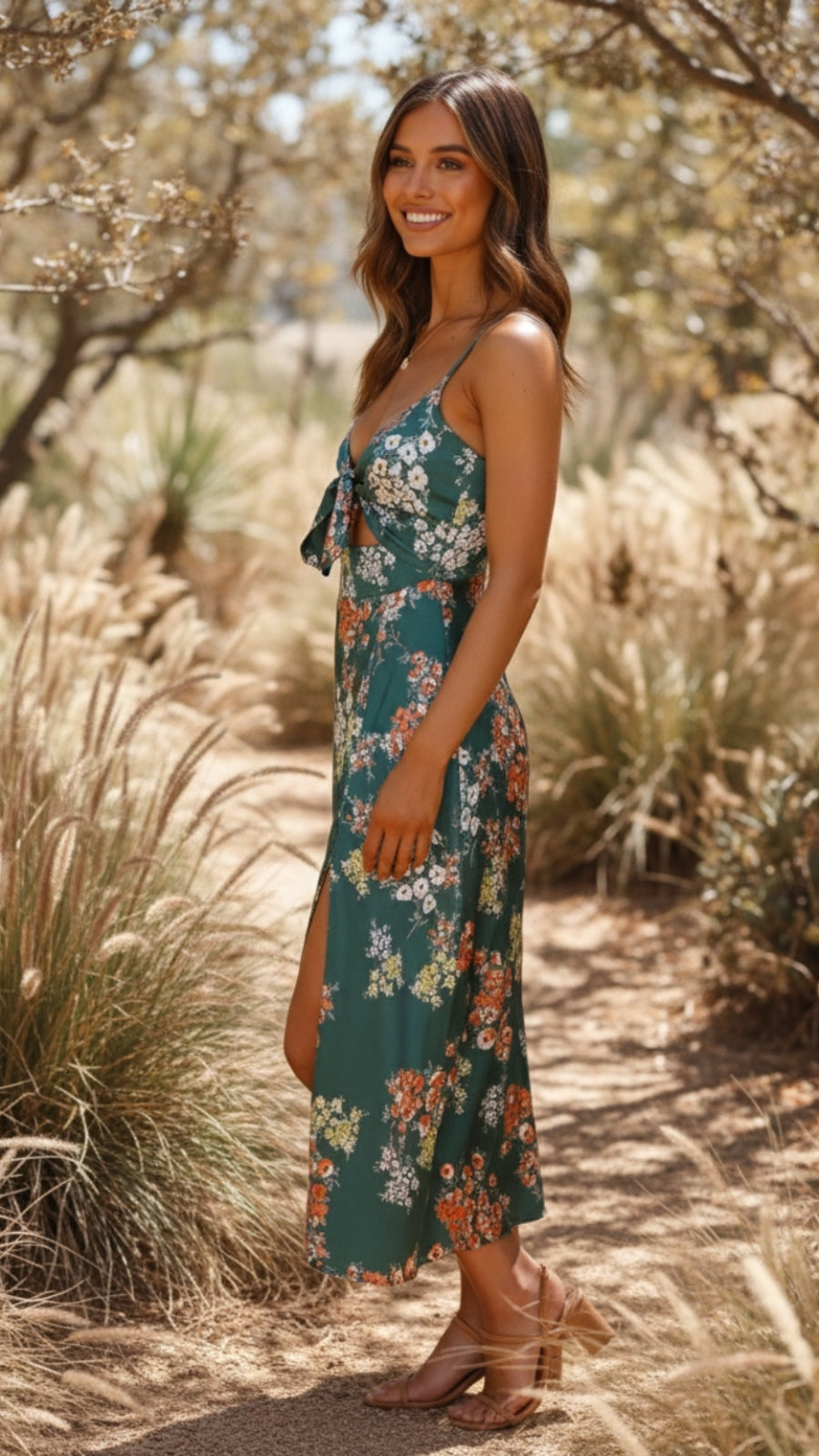 Evelina | Robe midi d'été sans manches à fleurs avec lien devant pour femmes