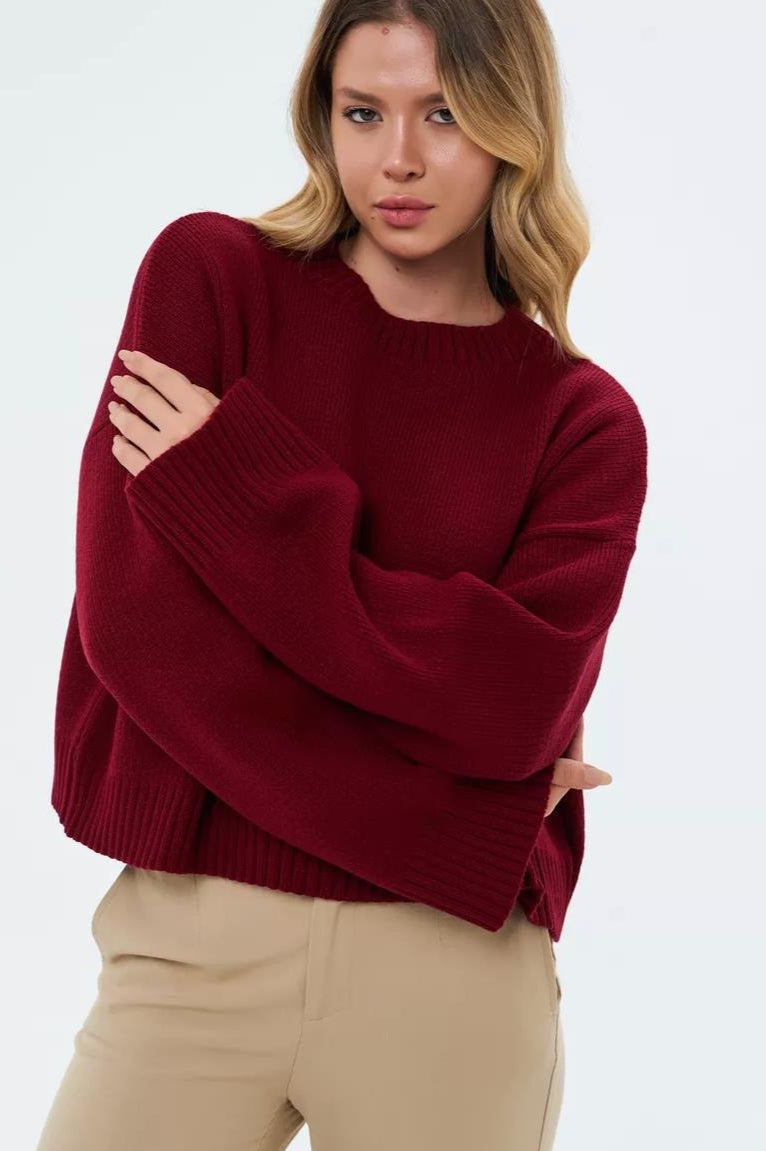 Fougère | Pull en maille à col rond pour femme avec manches raglan longues et finitions côtelées