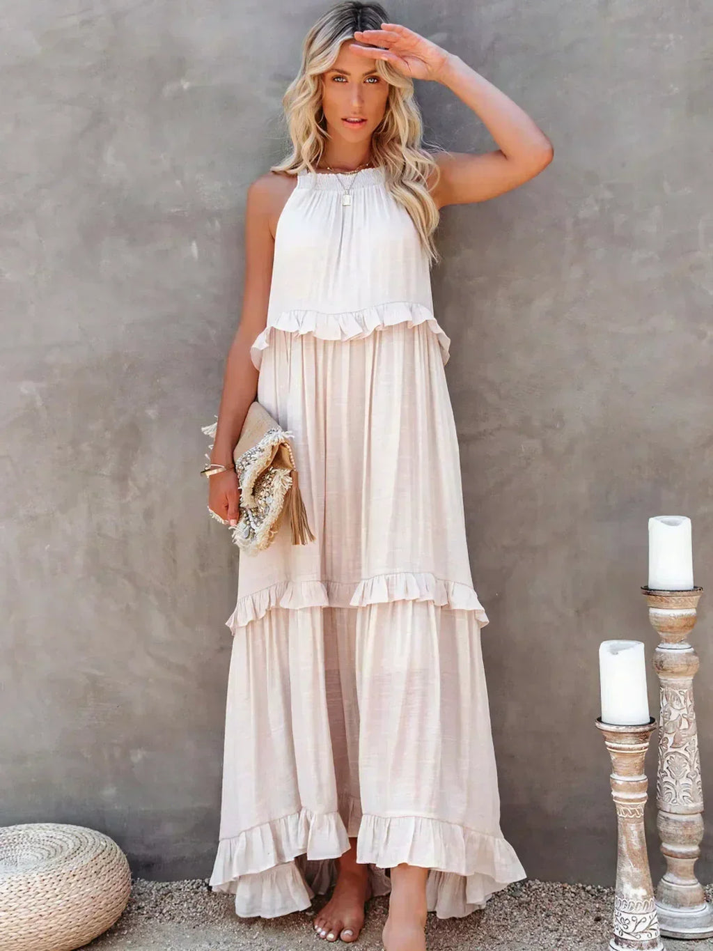 Gabriella | Robe maxi d'été sans manches à volants superposés pour femmes