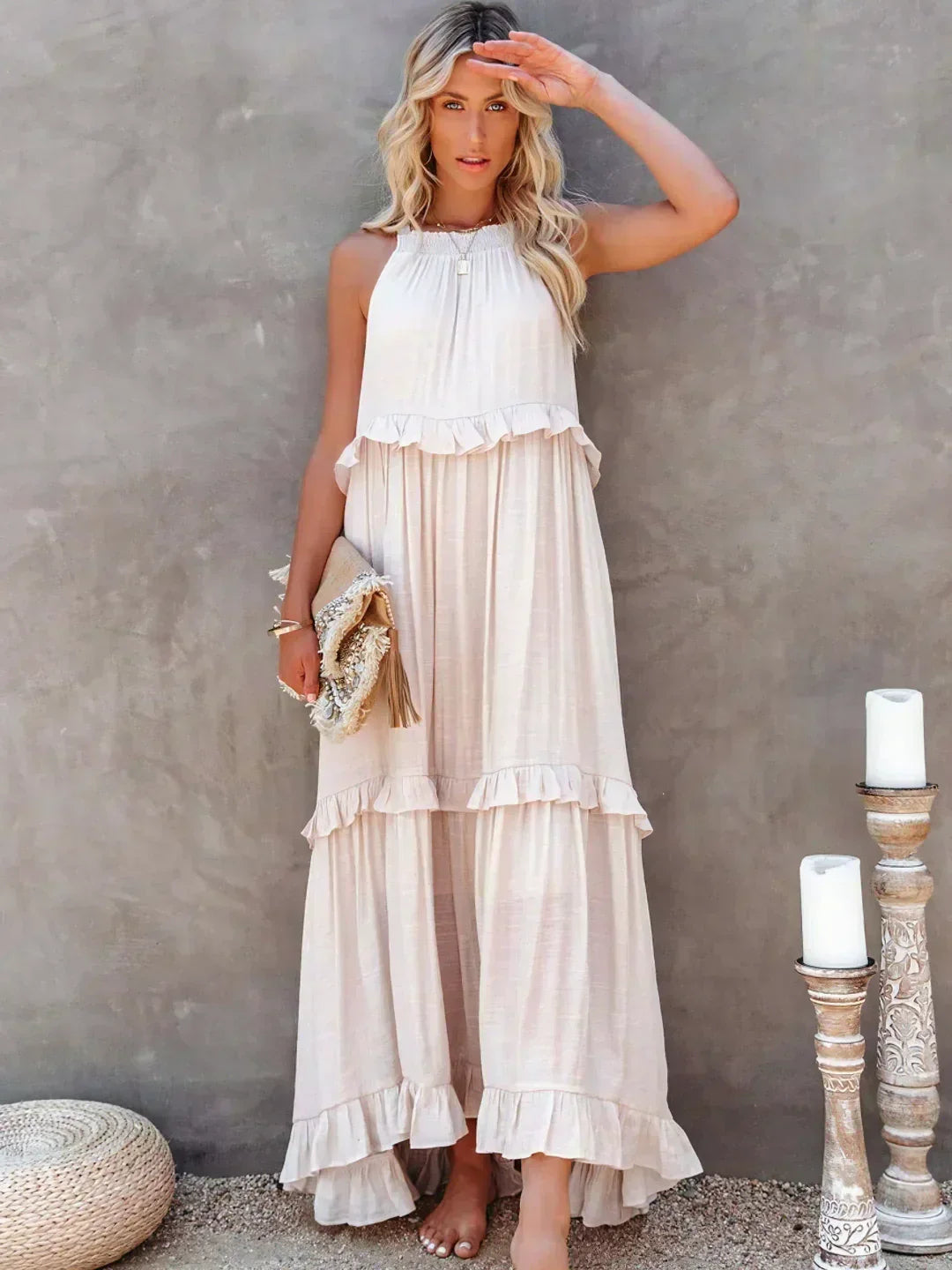 Gabriella | Robe maxi d'été sans manches à volants superposés pour femmes