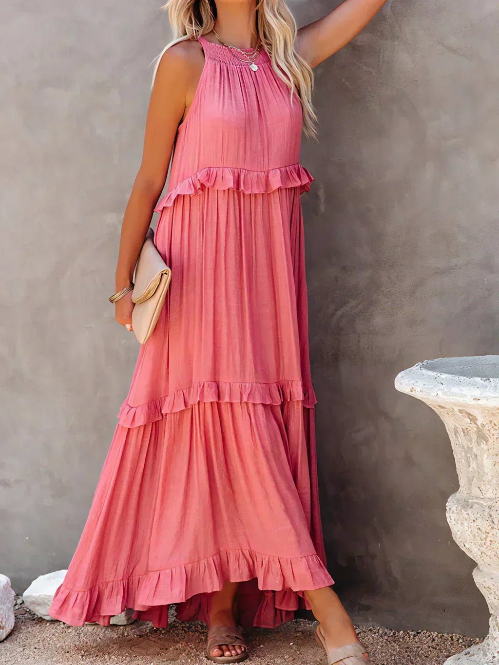 Gabriella | Robe maxi d'été sans manches à volants superposés pour femmes