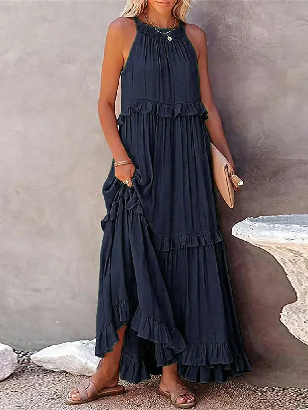 Gabriella | Robe maxi d'été sans manches à volants superposés pour femmes