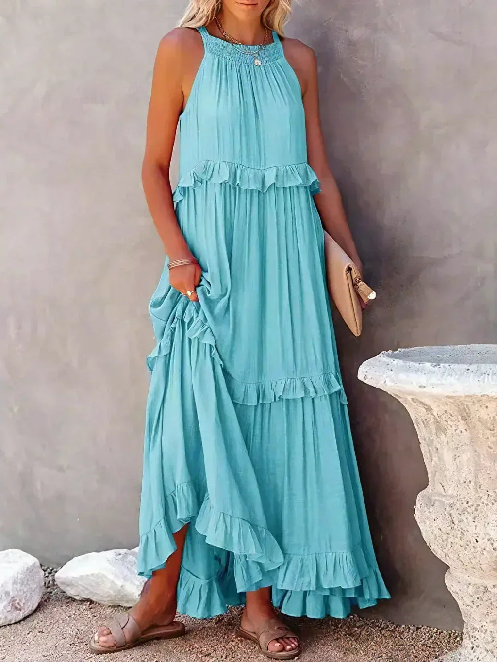 Gabriella | Robe maxi d'été sans manches à volants superposés pour femmes