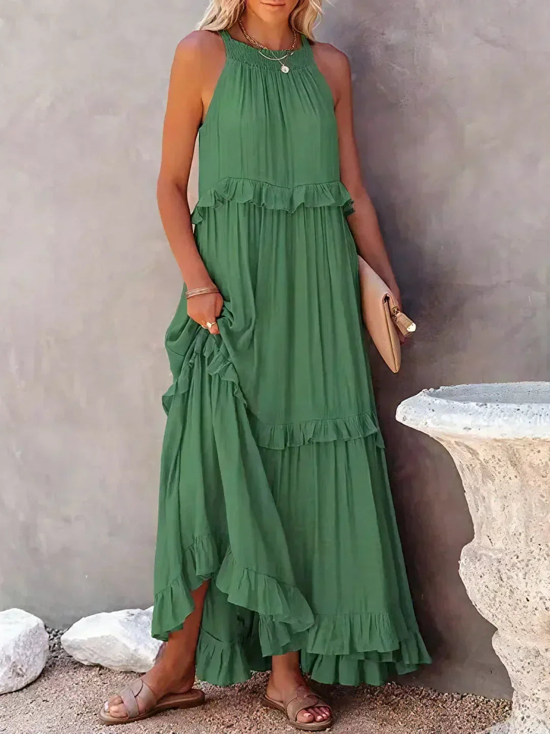 Gabriella | Robe maxi d'été sans manches à volants superposés pour femmes