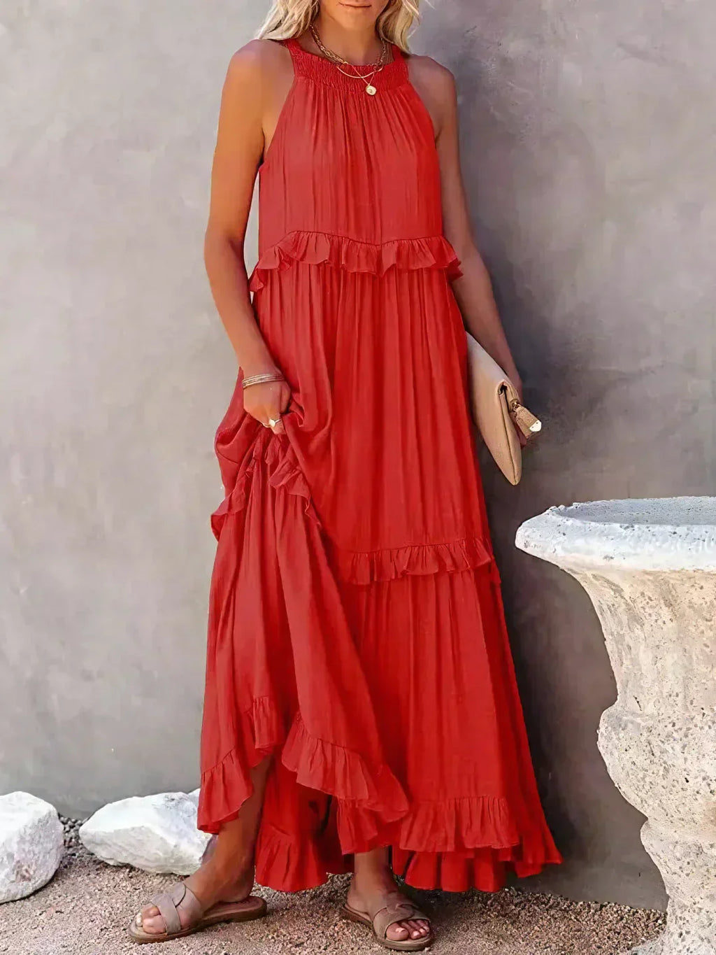 Gabriella | Robe maxi d'été sans manches à volants superposés pour femmes