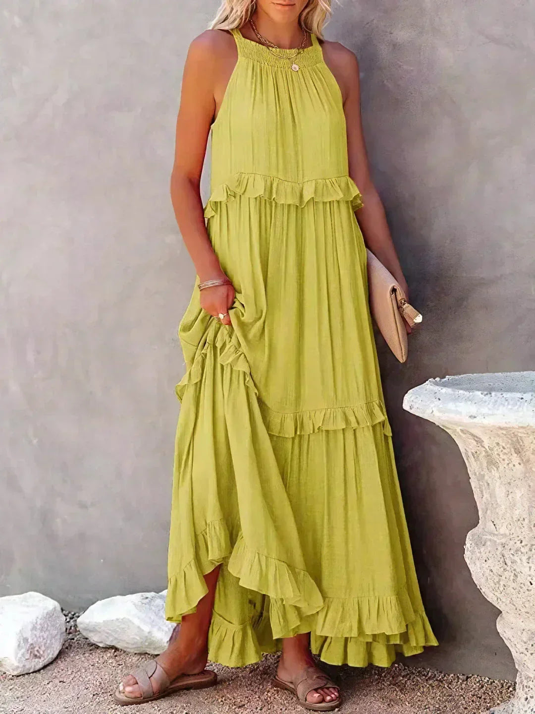 Gabriella | Robe maxi d'été sans manches à volants superposés pour femmes