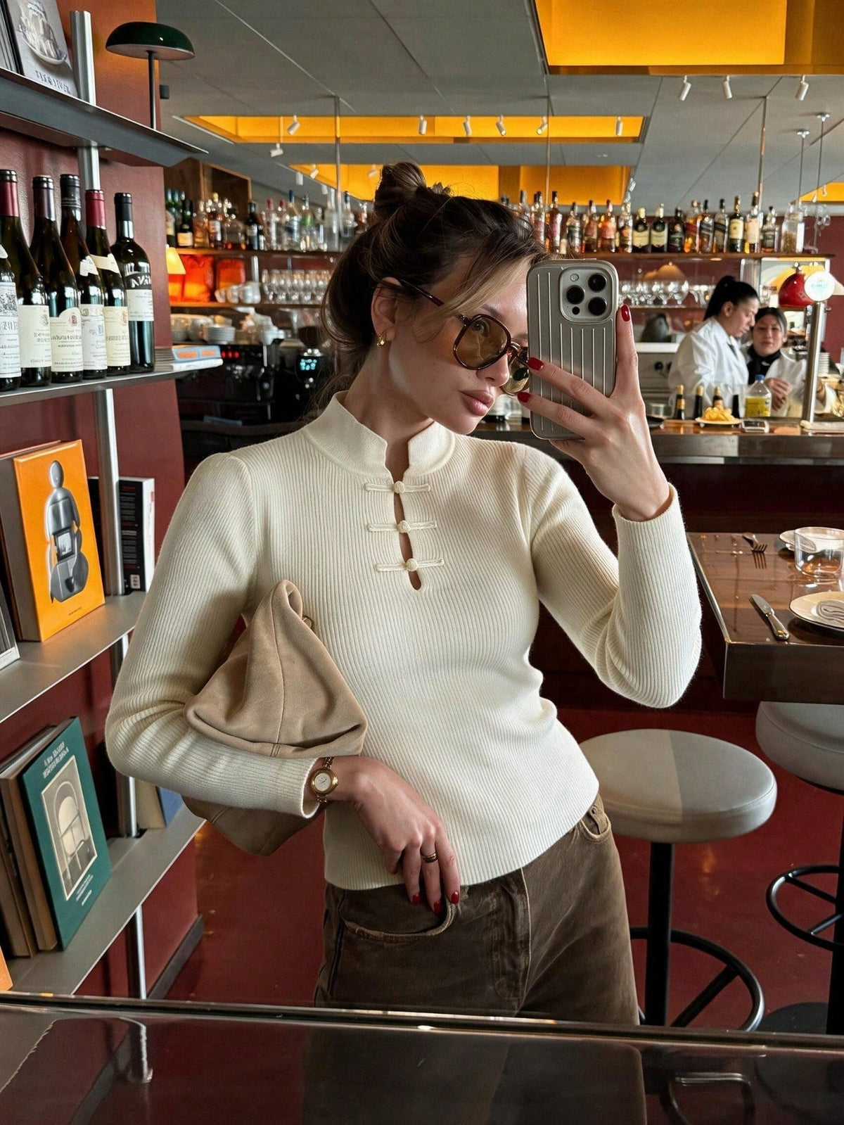 Kalista | Haut à col mandarin pour femmes, manches longues, boutons en grenouille, tricot côtelé
