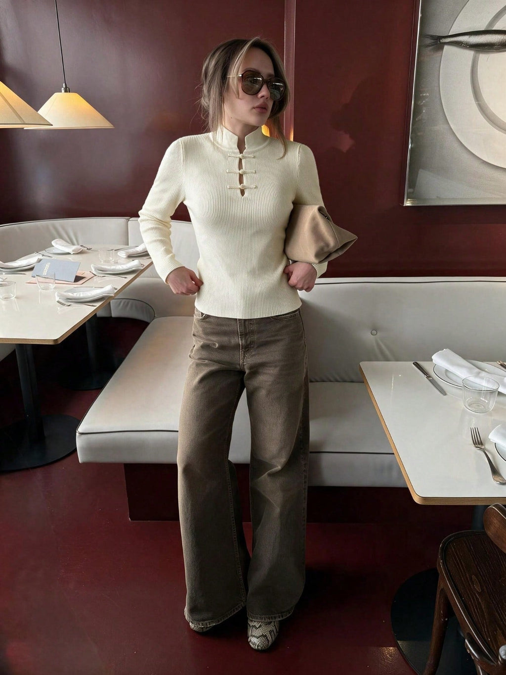 Kalista | Haut à col mandarin pour femmes, manches longues, boutons en grenouille, tricot côtelé