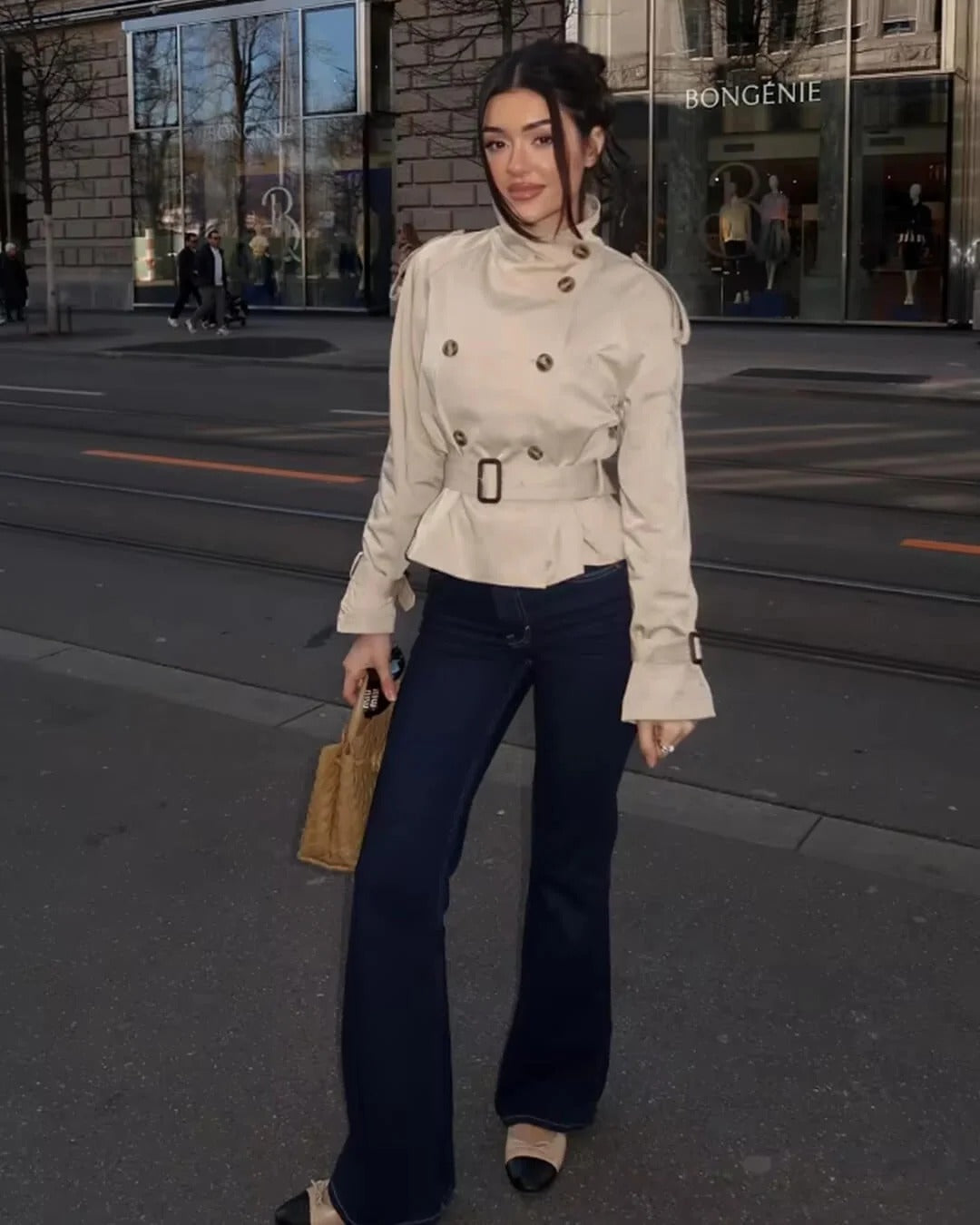 Leslie | Veste trench à col montant à double boutonnage pour femmes