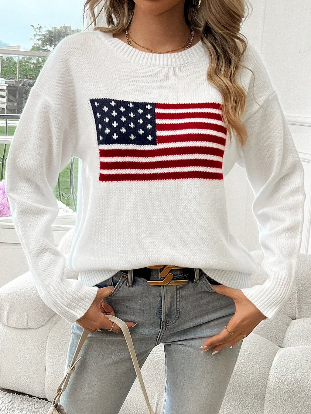 Lux | Pull en Tricot Chaud à Manches Longues avec Motif Drapeau Américain pour Femmes