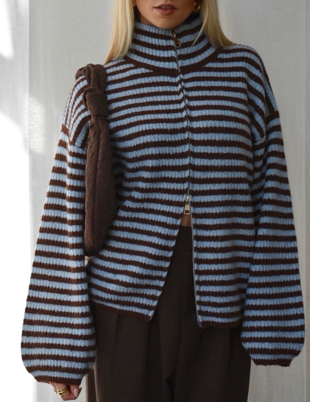 Maren | Cardigan Tricoté Oversize Rayé à Zip pour Femmes
