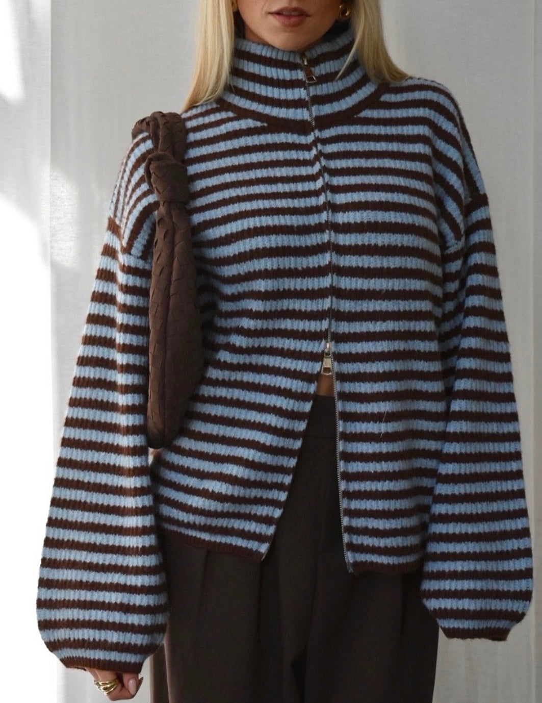 Maren | Cardigan Tricoté Oversize Rayé à Zip pour Femmes