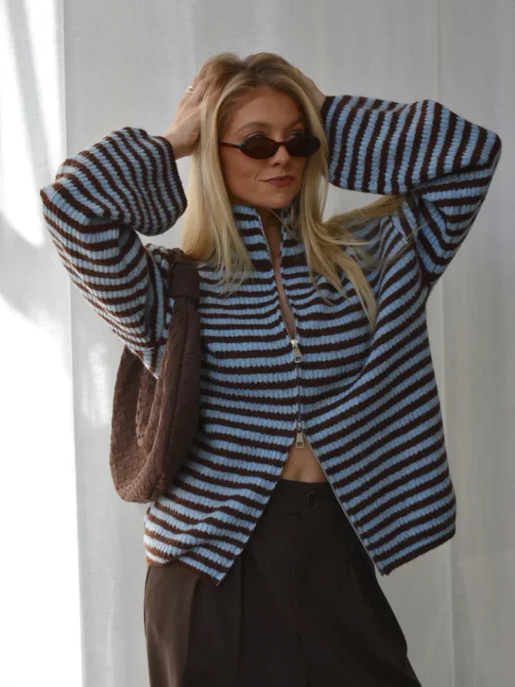 Maren | Cardigan Tricoté Oversize Rayé à Zip pour Femmes