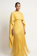 Mariah | Robe de soirée maxi à manches en cape à franges pour femme