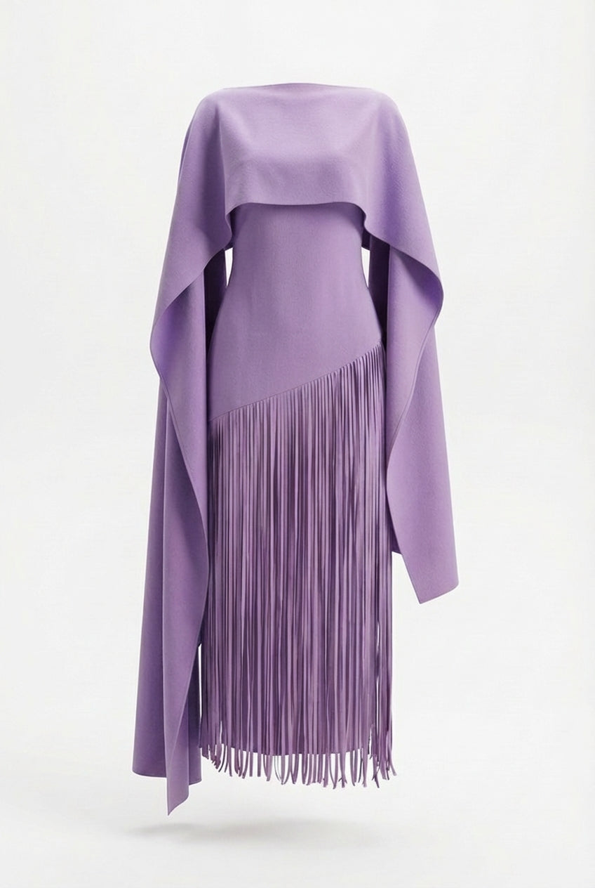 Mariah | Robe de soirée maxi à manches en cape à franges pour femme