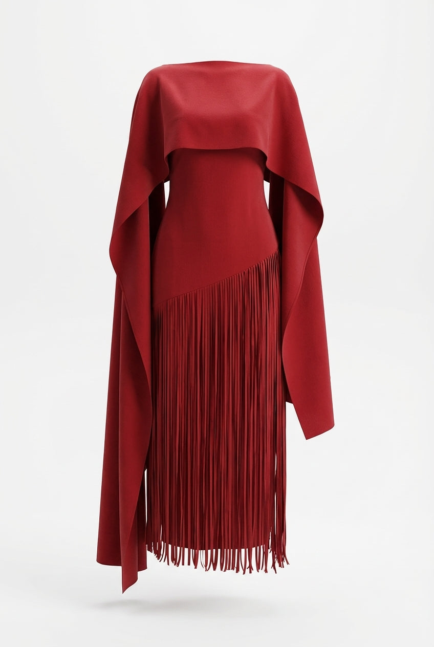 Mariah | Robe de soirée maxi à manches en cape à franges pour femme