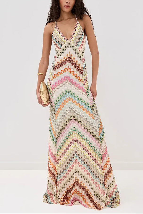 Marie | Robe maxi en crochet à bretelles spaghetti et décolleté en V pour femmes