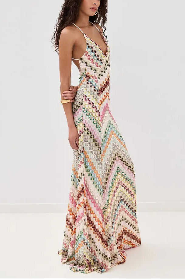 Marie | Robe maxi en crochet à bretelles spaghetti et décolleté en V pour femmes