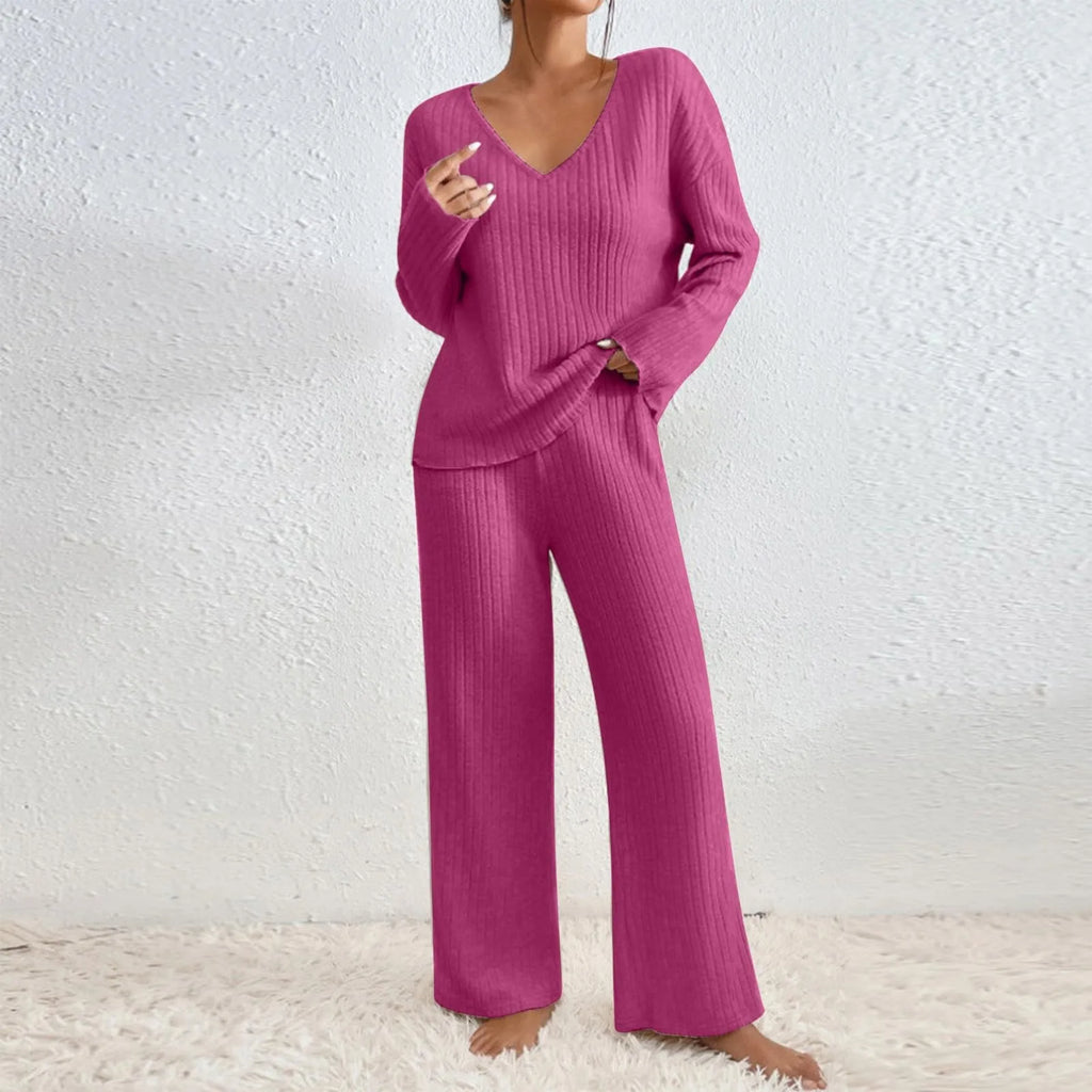 Marlene | Ensemble en Tricot Côtelé à Manches Longues et Col V pour Femmes