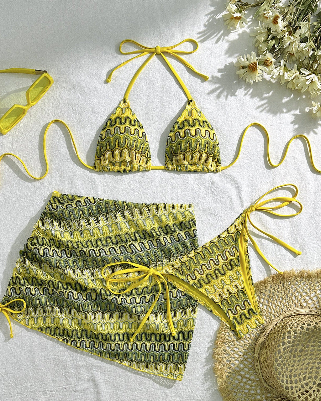 Mayra | Ensemble de bikini triangle imprimé pour femmes avec jupe de couverture froncée