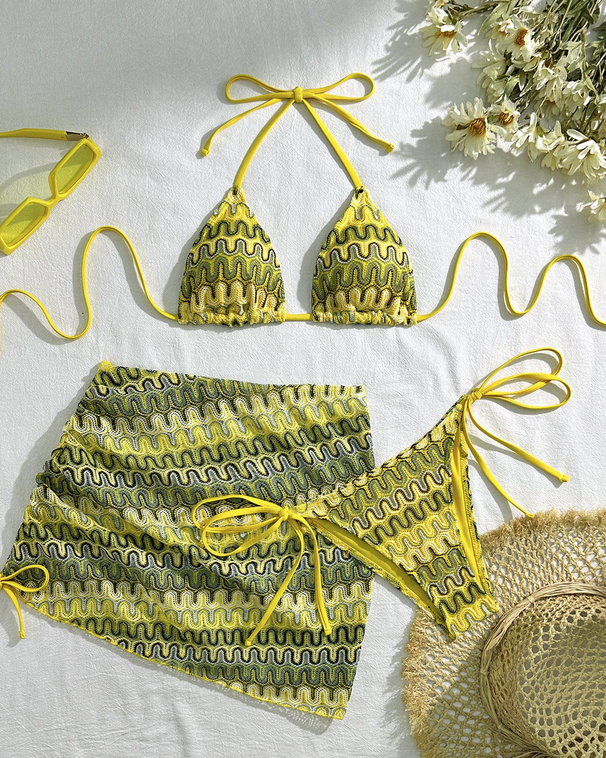 Mayra | Ensemble de bikini triangle imprimé pour femmes avec jupe de couverture froncée