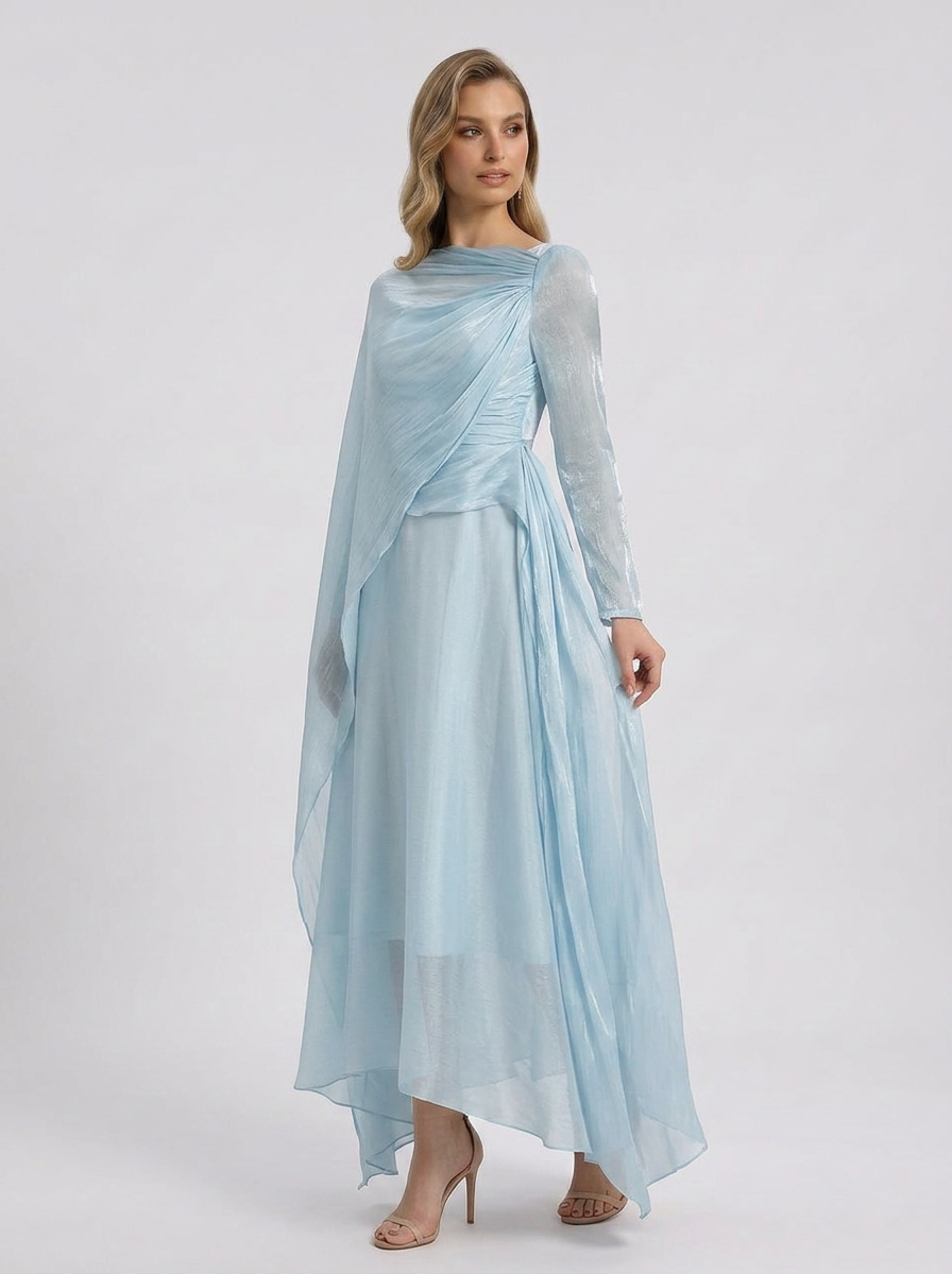 Madelyn | Robe Maxi Longue à Manches Drapées pour Invitées de Mariage