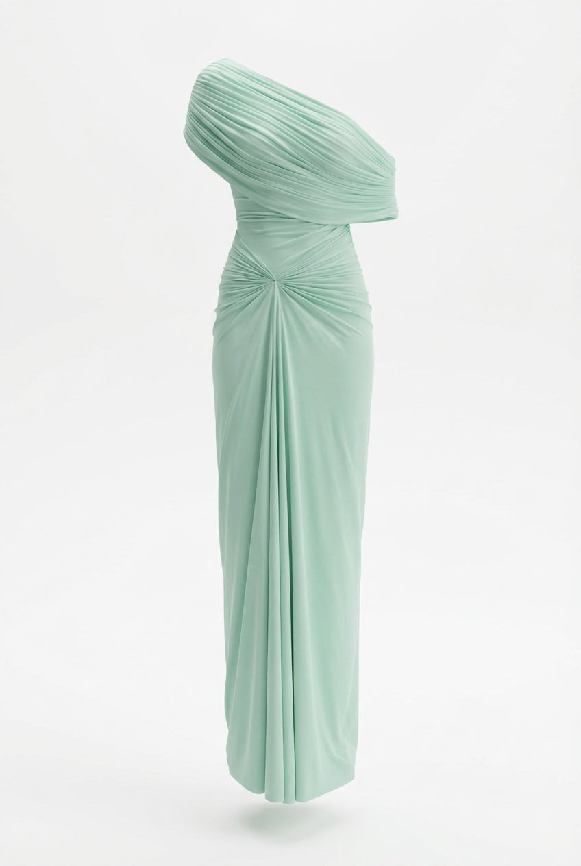 Melanie | Robe de soirée maxi drapée à épaules dénudées pour femmes