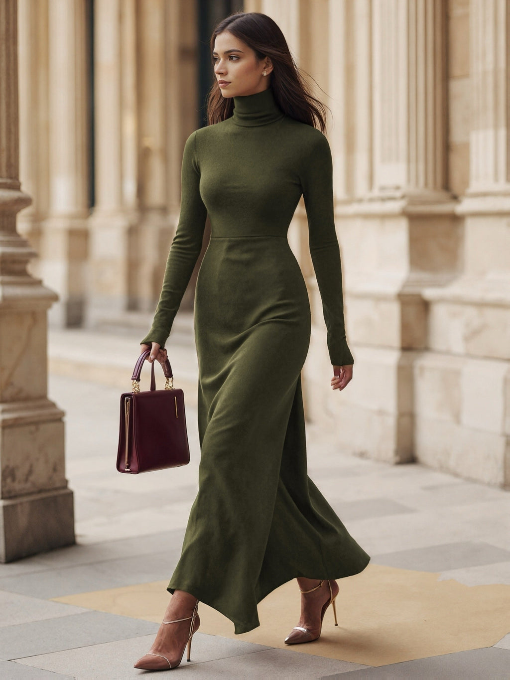 Melina | Robe maxi à col roulé pour femmes, manches longues, ourlet asymétrique et fente latérale