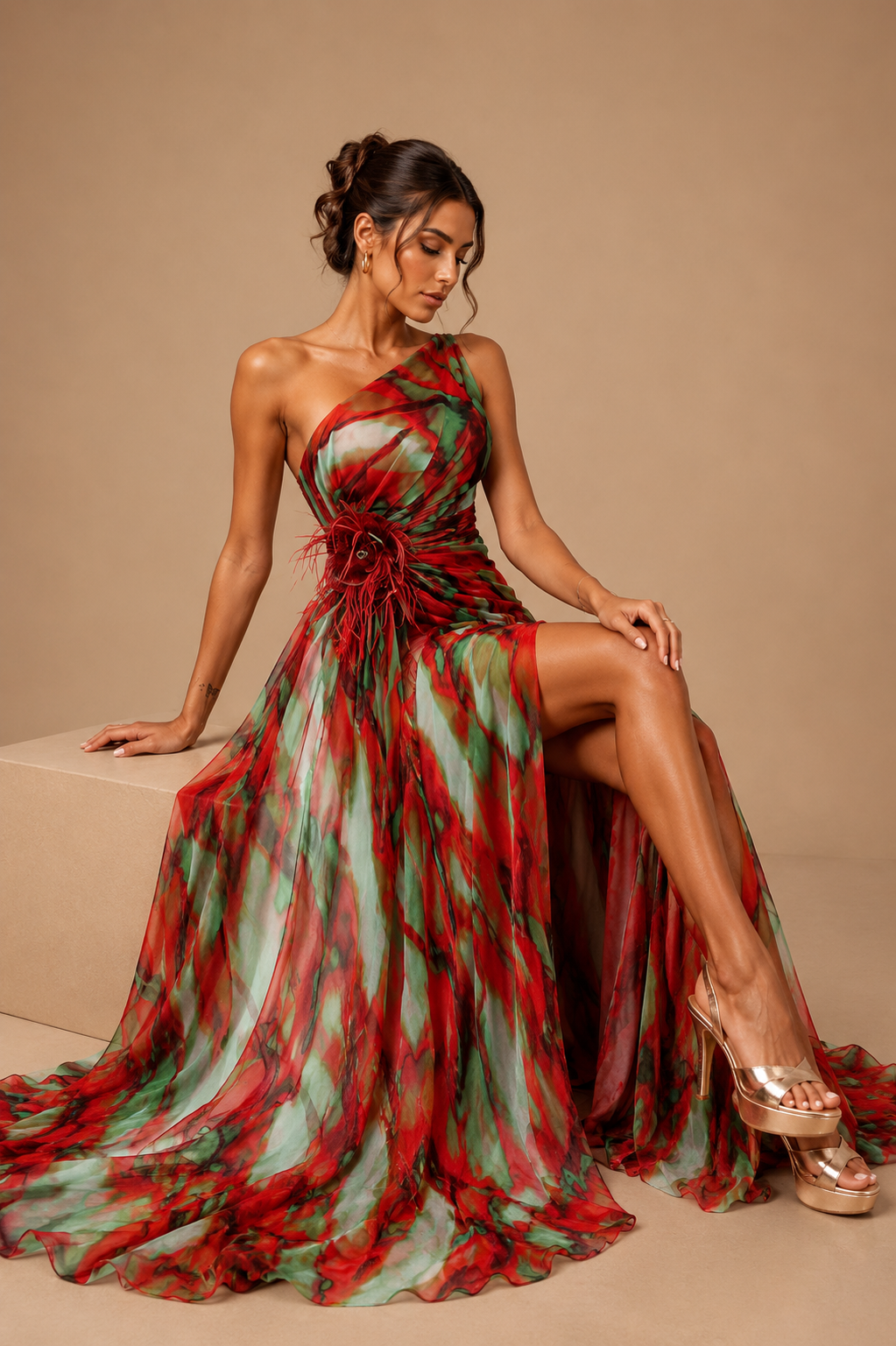 Mitchell | Robe maxi abstraite à une épaule pour invitées de mariage