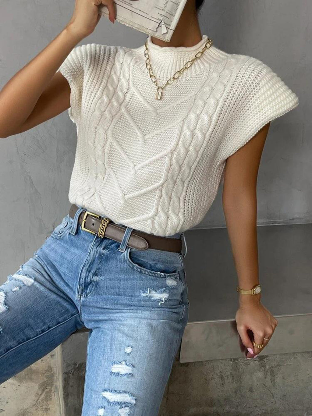 Nyomi | Haut en tricot à manches courtes avec motif chevron