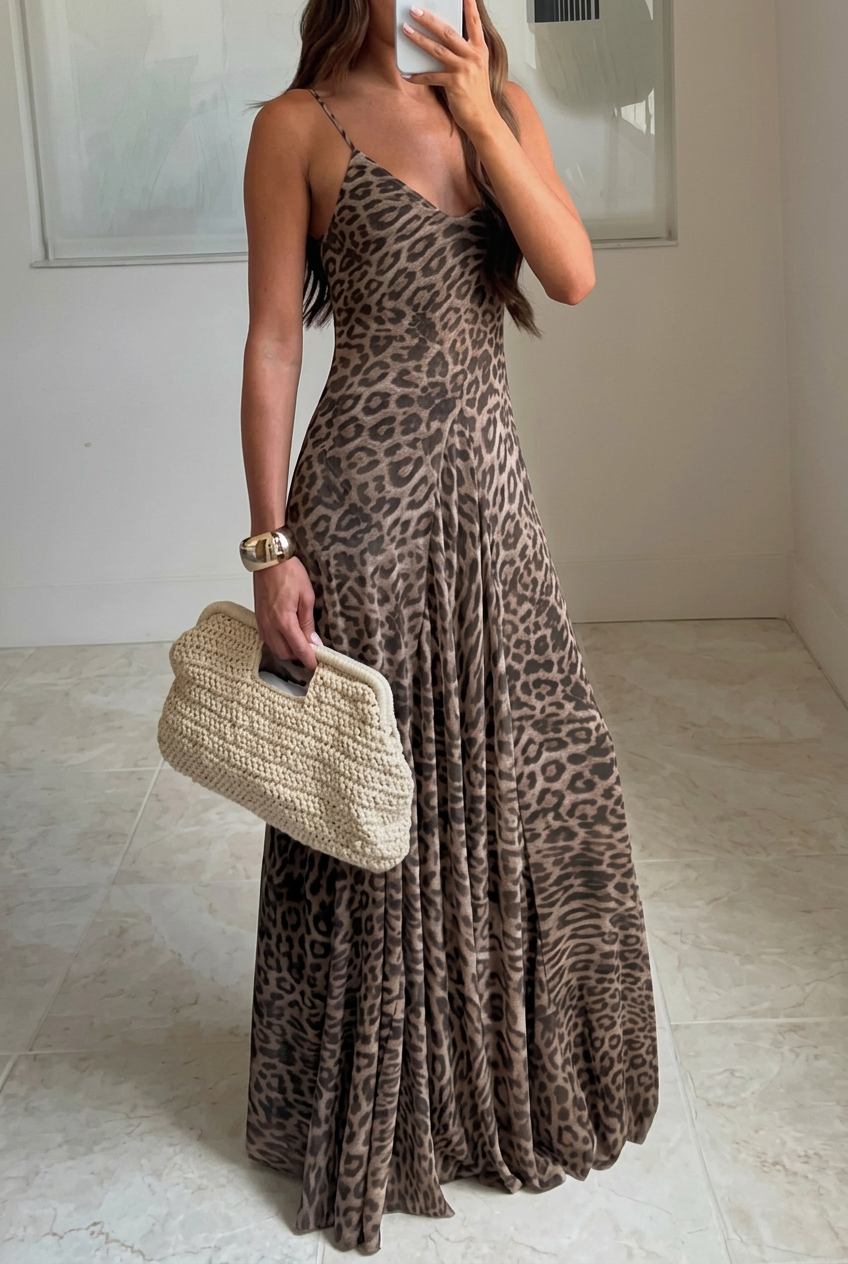 Pixie | Robe Maxi d'Été à Imprimé Léopard pour Femme avec Bretelles Fines