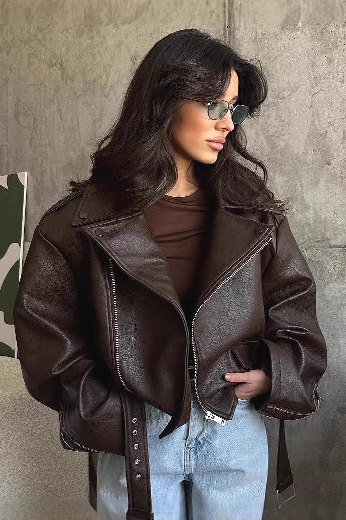 Regina | Veste de moto en simili cuir surdimensionnée avec ceinture pour femmes