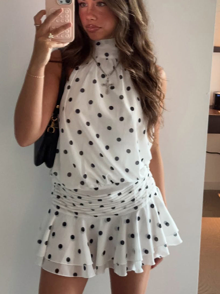 River | Robe Mini à Col Halter à Pois pour Femmes