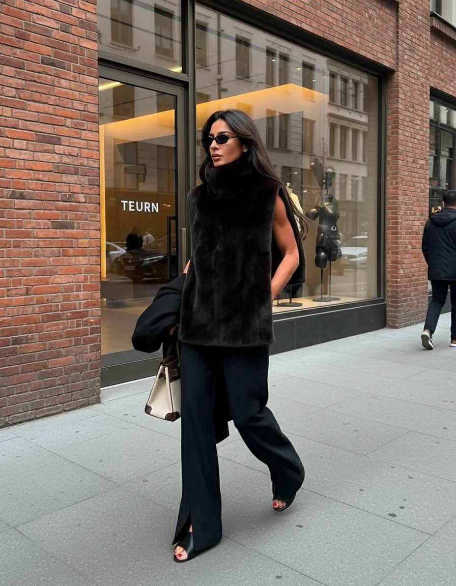 Ruth | Manteau sans manches en fausse fourrure à col montant