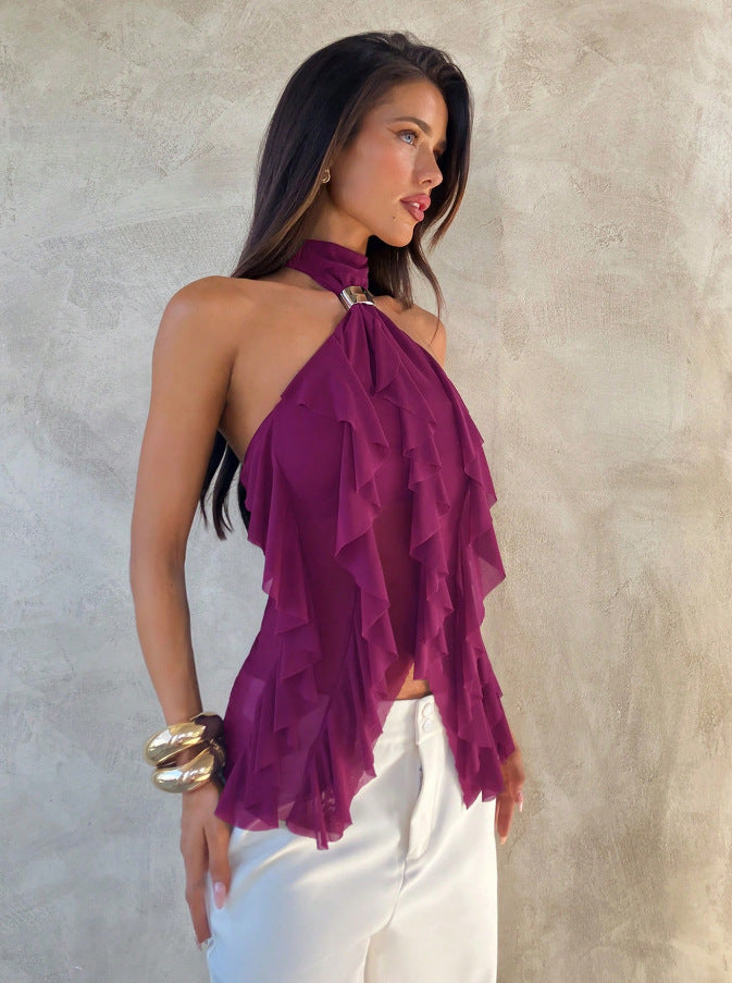 Sabrina | Top de fête sans manches à volants et encolure halter pour femmes