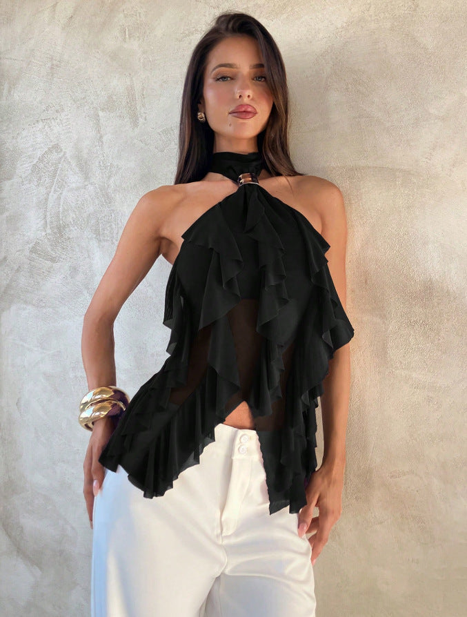 Sabrina | Top de fête sans manches à volants et encolure halter pour femmes