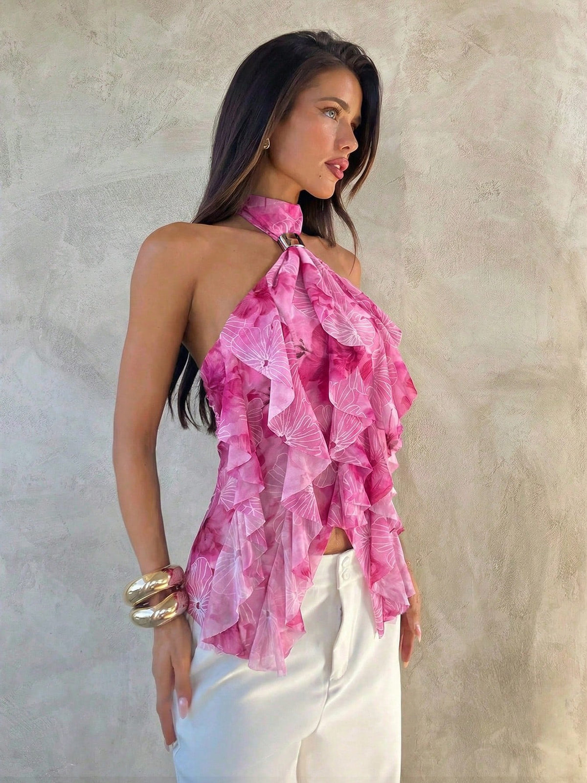 Sabrina | Top de fête sans manches à volants et encolure halter pour femmes