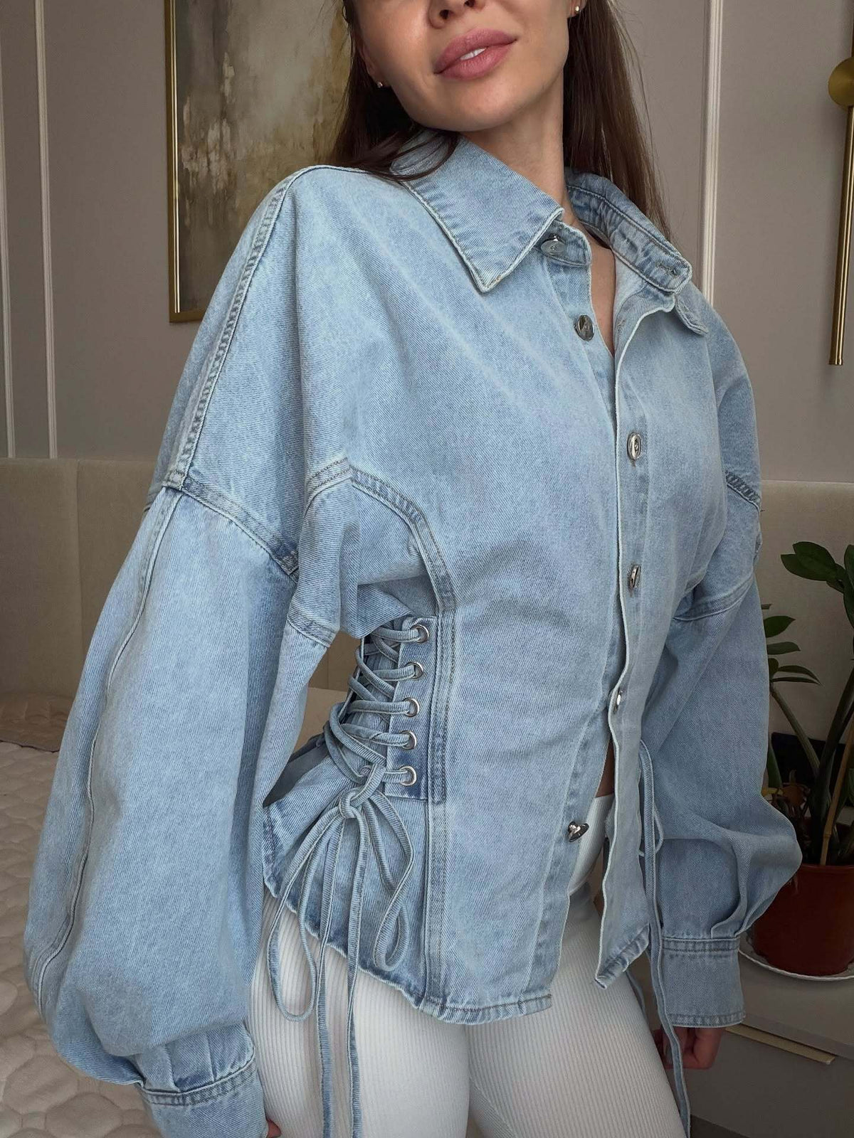 Shania | Veste en Jean à Col Claudine et Manches Bouffantes à Boutons