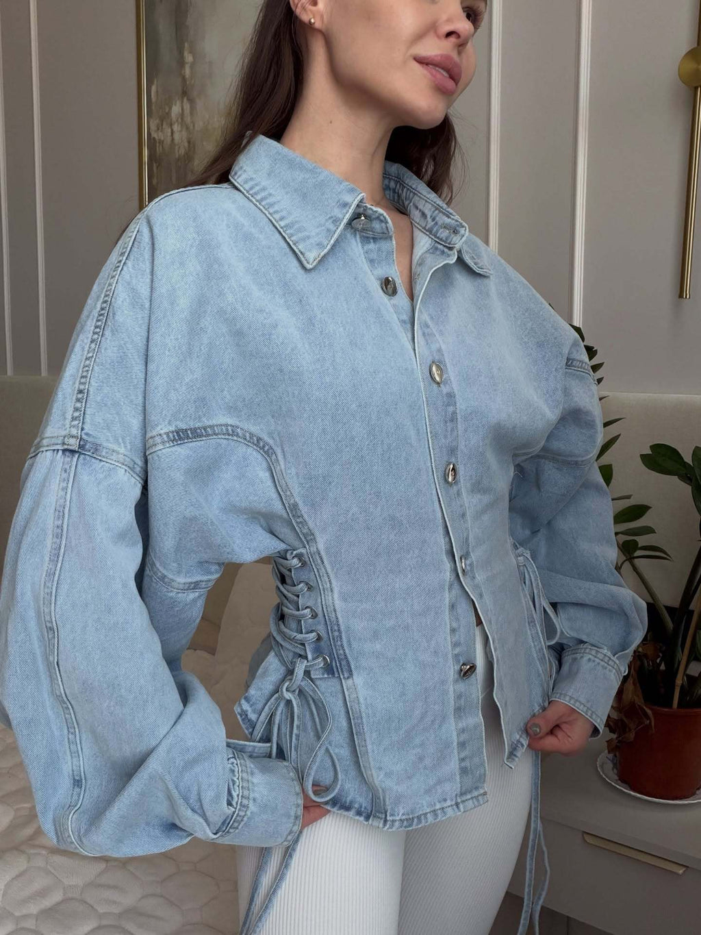 Shania | Veste en Jean à Col Claudine et Manches Bouffantes à Boutons