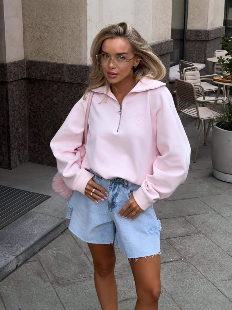 Susannah | Sweatshirt graphique à manches longues avec col large et fermeture éclair pour femmes